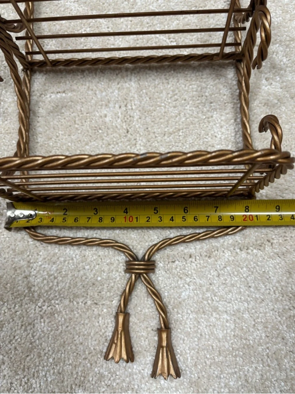 3 Tiered Hollywood Regency Gold-Tone Twisted Rope Wall Shelf 21inches High